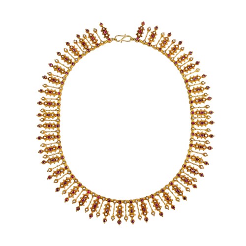 19th century gold, ruby and pearl Renaissance revival fringe necklace, c.1870, in the manner of Ernesto Pierret,